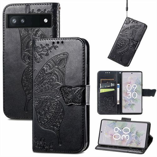 Saturcase Coque Pour Google Pixel 6a, Papillon Fleurs Pu Cuir Magnétique Flip Portefeuille Support Porte-Carte Protecteur Housse Étui Avec Dragonne Pour Google Pixel 6a (Hf-Noir)