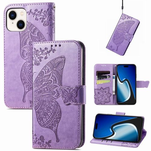 Saturcase Coque Pour Apple Iphone 15, Papillon Fleurs Pu Cuir Magnétique Flip Portefeuille Support Porte-Carte Protecteur Housse Étui Avec Dragonne Pour Apple Iphone 15 (Hf-Lavande)