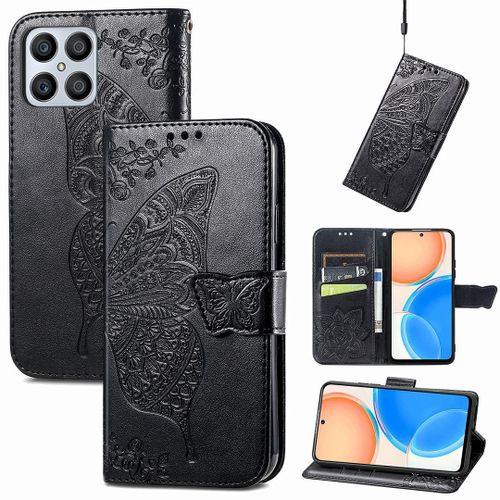 Saturcase Coque Pour Honor X8 2022, Papillon Fleurs Pu Cuir Magnétique Flip Portefeuille Support Porte-Carte Protecteur Housse Étui Avec Dragonne Pour Honor X8 2022 (Hf-Noir)