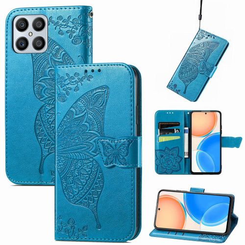 Saturcase Coque Pour Honor X8 2022, Papillon Fleurs Pu Cuir Magnétique Flip Portefeuille Support Porte-Carte Protecteur Housse Étui Avec Dragonne Pour Honor X8 2022 (Hf-Bleu)