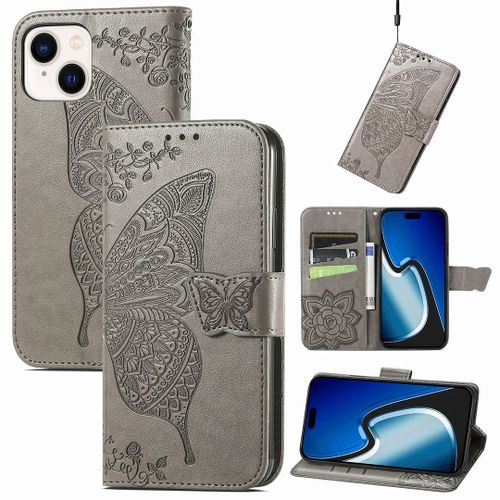 Saturcase Coque Pour Apple Iphone 15, Papillon Fleurs Pu Cuir Magnétique Flip Portefeuille Support Porte-Carte Protecteur Housse Étui Avec Dragonne Pour Apple Iphone 15 (Hf-Gris)