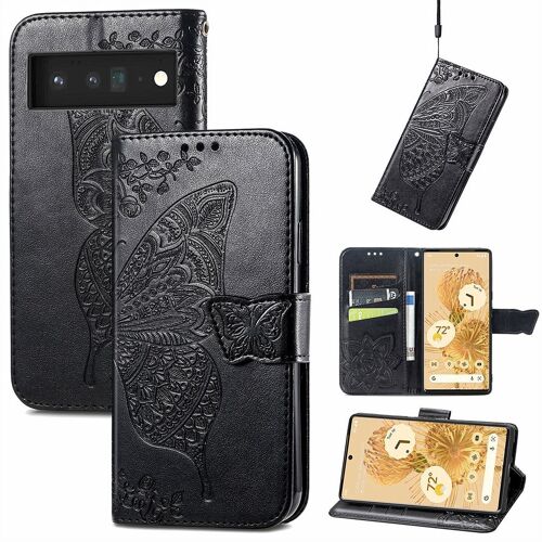 Saturcase Coque Pour Google Pixel 6, Papillon Fleurs Pu Cuir Magnétique Flip Portefeuille Support Porte-Carte Protecteur Housse Étui Avec Dragonne Pour Google Pixel 6 (Hf-Noir)
