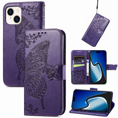 Saturcase Coque Pour Apple Iphone 15, Papillon Fleurs Pu Cuir Magnétique Flip Portefeuille Support Porte-Carte Protecteur Housse Étui Avec Dragonne Pour Apple Iphone 15 (Hf-Violet)