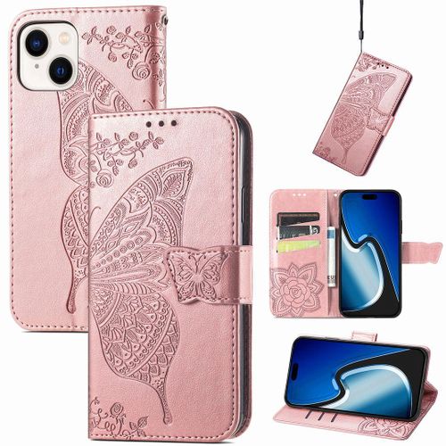 Saturcase Coque Pour Apple Iphone 15, Papillon Fleurs Pu Cuir Magnétique Flip Portefeuille Support Porte-Carte Protecteur Housse Étui Avec Dragonne Pour Apple Iphone 15 (Hf-Or Rose)