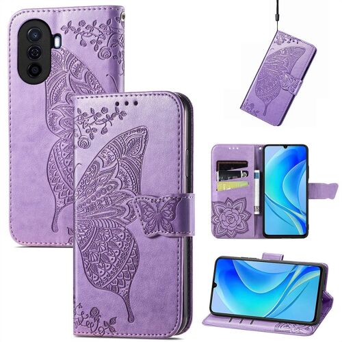 Saturcase Coque Pour Huawei Nova Y70 / Y70 Plus, Papillon Fleurs Pu Cuir Magnétique Flip Portefeuille Support Porte-Carte Protecteur Housse Étui Avec Dragonne Pour Huawei Nova Y70 / Y70 Plus (Hf-Lavande)