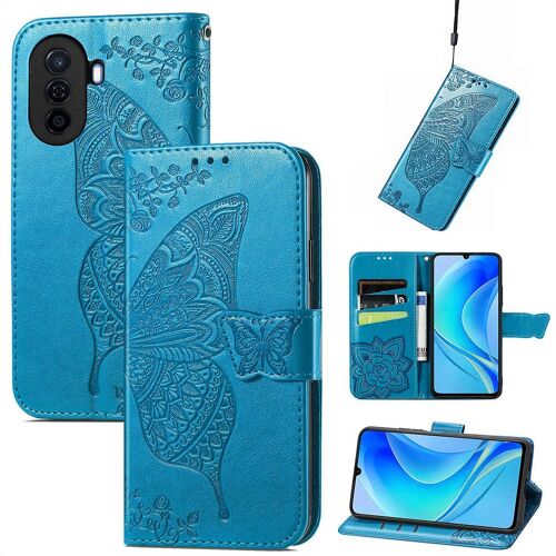 Saturcase Coque Pour Huawei Nova Y70 / Y70 Plus, Papillon Fleurs Pu Cuir Magnétique Flip Portefeuille Support Porte-Carte Protecteur Housse Étui Avec Dragonne Pour Huawei Nova Y70 / Y70 Plus (Hf-Bleu)