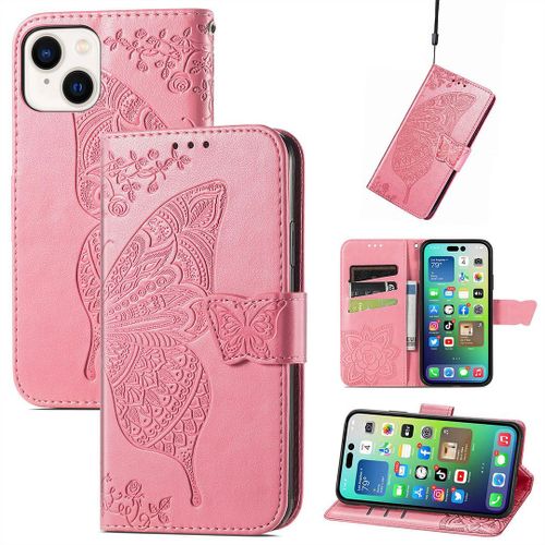 Saturcase Coque Pour Apple Iphone 14, Papillon Fleurs Pu Cuir Magnétique Flip Portefeuille Support Porte-Carte Protecteur Housse Étui Avec Dragonne Pour Apple Iphone 14 (Hf-Pink)