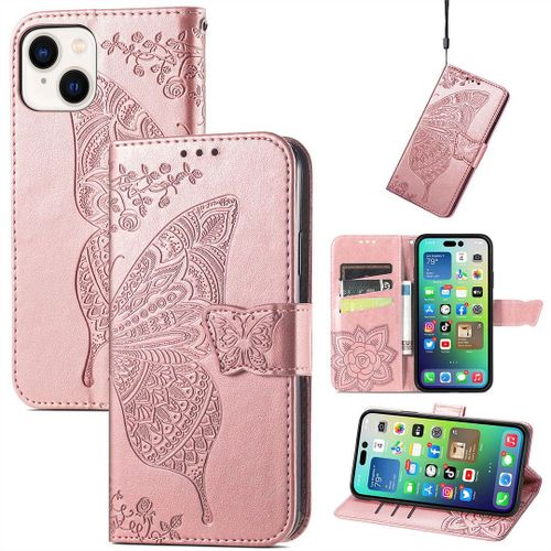 Saturcase Coque Pour Apple Iphone 14, Papillon Fleurs Pu Cuir Magnétique Flip Portefeuille Support Porte-Carte Protecteur Housse Étui Avec Dragonne Pour Apple Iphone 14 (Hf-Or Rose)