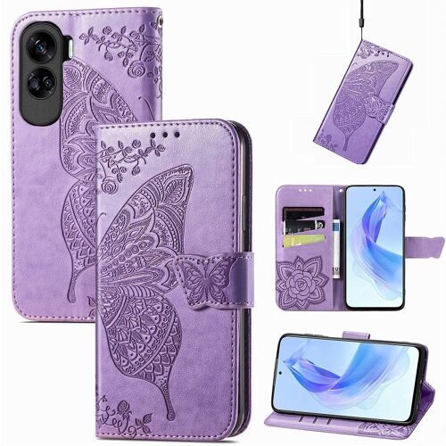 Saturcase Coque Pour Honor 90 Lite, Papillon Fleurs Pu Cuir Magnétique Flip Portefeuille Support Porte-Carte Protecteur Housse Étui Avec Dragonne Pour Honor 90 Lite (Hf-Lavande)