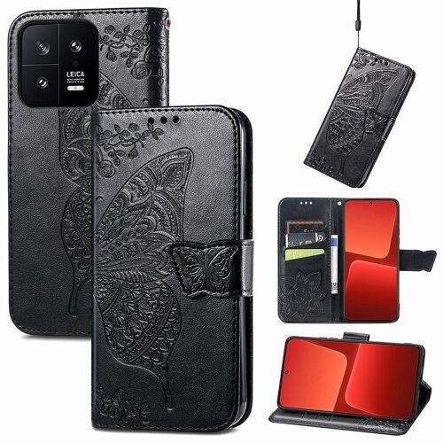 Saturcase Coque Pour Xiaomi 13, Papillon Fleurs Pu Cuir Magnétique Flip Portefeuille Support Porte-Carte Protecteur Housse Étui Avec Dragonne Pour Xiaomi 13 (Hf-Noir)