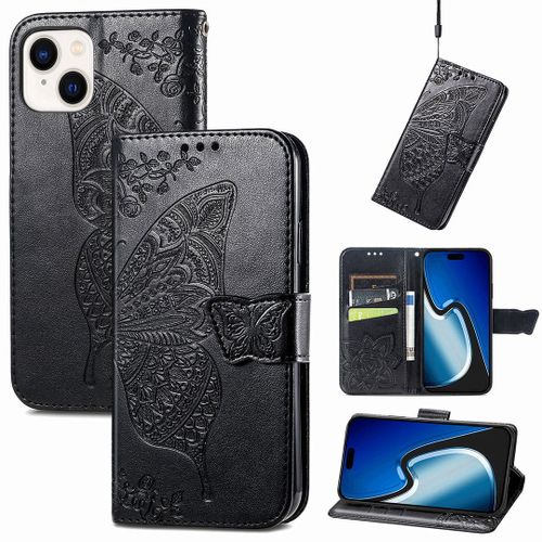 Saturcase Coque Pour Apple Iphone 15, Papillon Fleurs Pu Cuir Magnétique Flip Portefeuille Support Porte-Carte Protecteur Housse Étui Avec Dragonne Pour Apple Iphone 15 (Hf-Noir)