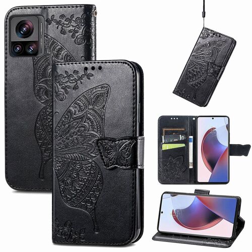 Saturcase Coque Pour Motorola Edge 30 Ultra, Papillon Fleurs Pu Cuir Magnétique Flip Portefeuille Support Porte-Carte Protecteur Housse Étui Avec Dragonne Pour Motorola Edge 30 Ultra (Hf-Noir)