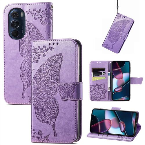 Saturcase Coque Pour Motorola Edge 30 Pro, Papillon Fleurs Pu Cuir Magnétique Flip Portefeuille Support Porte-Carte Protecteur Housse Étui Avec Dragonne Pour Motorola Edge 30 Pro (Hf-Lavande)