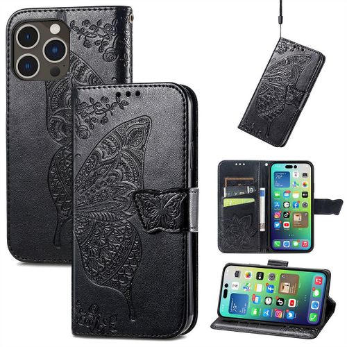 Saturcase Coque Pour Apple Iphone 14 Pro Max, Papillon Fleurs Pu Cuir Magnétique Flip Portefeuille Support Porte-Carte Protecteur Housse Étui Avec Dragonne Pour Apple Iphone 14 Pro Max (Hf-Noir)