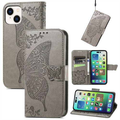 Saturcase Coque Pour Apple Iphone 14, Papillon Fleurs Pu Cuir Magnétique Flip Portefeuille Support Porte-Carte Protecteur Housse Étui Avec Dragonne Pour Apple Iphone 14 (Hf-Gris)