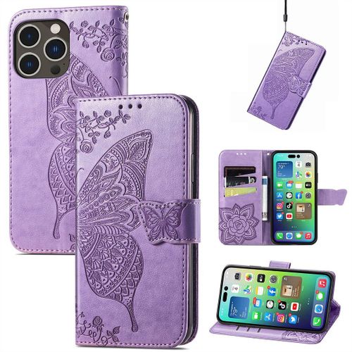 Saturcase Coque Pour Apple Iphone 14 Pro Max, Papillon Fleurs Pu Cuir Magnétique Flip Portefeuille Support Porte-Carte Protecteur Housse Étui Avec Dragonne Pour Apple Iphone 14 Pro Max (Hf-Lavande)