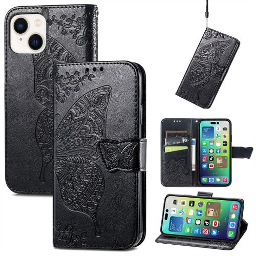 Saturcase Coque Pour Apple Iphone 14, Papillon Fleurs Pu Cuir Magnétique Flip Portefeuille Support Porte-Carte Protecteur Housse Étui Avec Dragonne Pour Apple Iphone 14 (Hf-Noir)