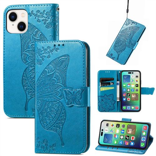Saturcase Coque Pour Apple Iphone 14, Papillon Fleurs Pu Cuir Magnétique Flip Portefeuille Support Porte-Carte Protecteur Housse Étui Avec Dragonne Pour Apple Iphone 14 (Hf-Bleu)