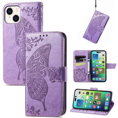 Saturcase Coque Pour Apple Iphone 14, Papillon Fleurs Pu Cuir Magnétique Flip Portefeuille Support Porte-Carte Protecteur Housse Étui Avec Dragonne Pour Apple Iphone 14 (Hf-Lavande)