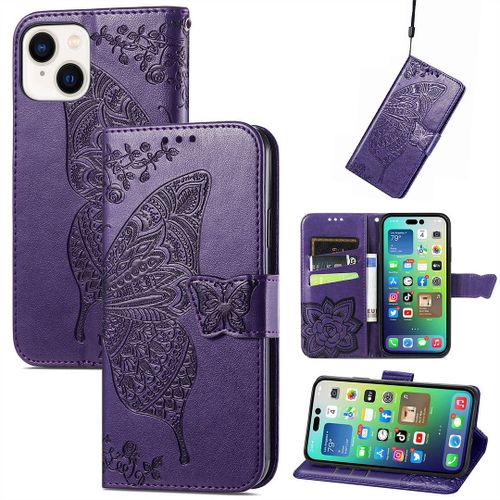 Saturcase Coque Pour Apple Iphone 14, Papillon Fleurs Pu Cuir Magnétique Flip Portefeuille Support Porte-Carte Protecteur Housse Étui Avec Dragonne Pour Apple Iphone 14 (Hf-Violet)
