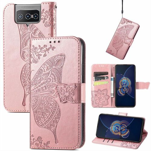 Saturcase Coque Pour Asus Zenfone 8 Flip Zs672ks, Papillon Fleurs Pu Cuir Magnétique Flip Portefeuille Support Porte-Carte Protecteur Housse Étui Avec Dragonne Pour Asus Zenfone 8 Flip Zs672ks (Hf-Or Rose)