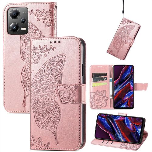 Saturcase Coque Pour Xiaomi Poco X5 5g, Papillon Fleurs Pu Cuir Magnétique Flip Portefeuille Support Porte-Carte Protecteur Housse Étui Avec Dragonne Pour Xiaomi Poco X5 5g (Hf-Or Rose)