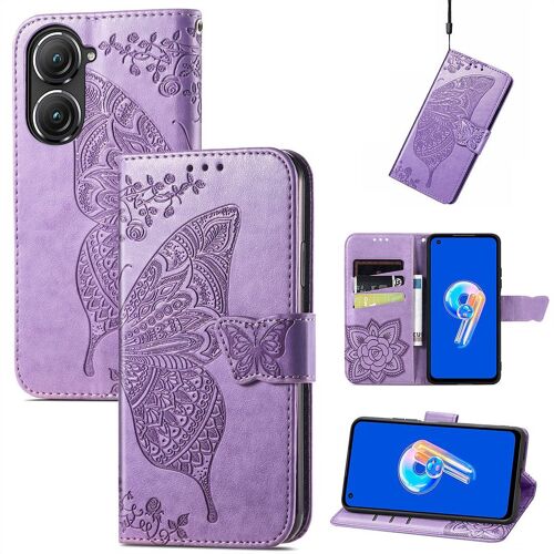Saturcase Coque Pour Asus Zenfone 9, Papillon Fleurs Pu Cuir Magnétique Flip Portefeuille Support Porte-Carte Protecteur Housse Étui Avec Dragonne Pour Asus Zenfone 9 (Hf-Lavande)