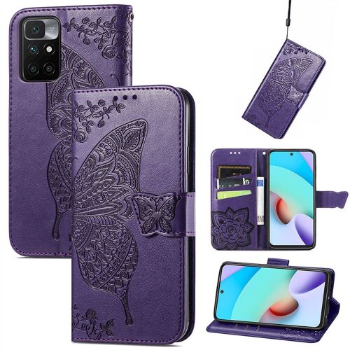 Saturcase Coque Pour Xiaomi Redmi 10, Papillon Fleurs Pu Cuir Magnétique Flip Portefeuille Support Porte-Carte Protecteur Housse Étui Avec Dragonne Pour Xiaomi Redmi 10 (Hf-Violet)