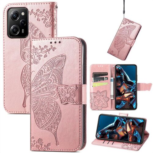 Saturcase Coque Pour Xiaomi Poco X5 Pro 5g, Papillon Fleurs Pu Cuir Magnétique Flip Portefeuille Support Porte-Carte Protecteur Housse Étui Avec Dragonne Pour Xiaomi Poco X5 Pro 5g (Hf-Or Rose)