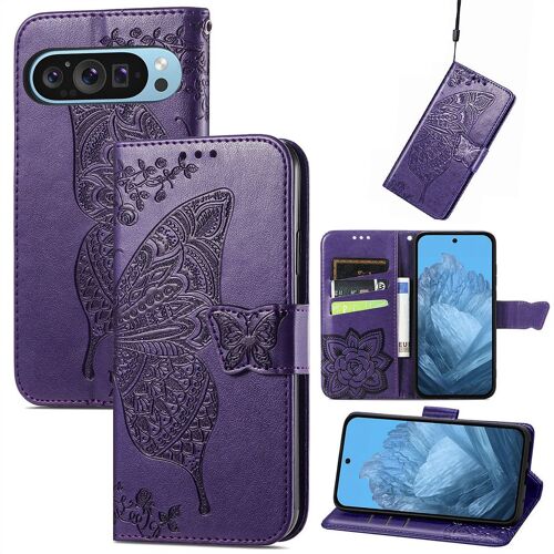 Saturcase Coque Pour Google Pixel 9, Papillon Fleurs Pu Cuir Magnétique Flip Portefeuille Support Porte-Carte Protecteur Housse Étui Avec Dragonne Pour Google Pixel 9 (Hf-Violet)