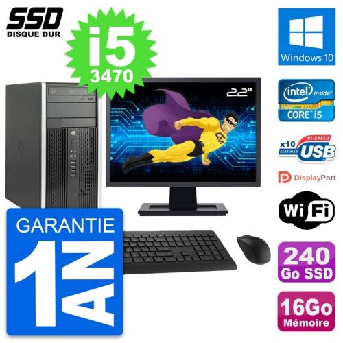 PC Tour HP 6300 CMT Ecran 22" Intel i5-3470 RAM 16Go SSD 240Go Windows 10 Wifi