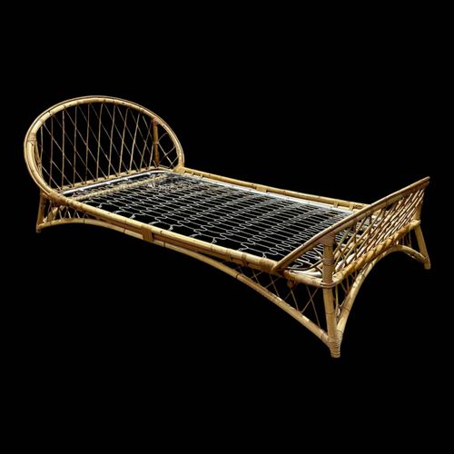 Lit En Rotin Des Annes 1960 Avec Son Sommier Mtal Beige