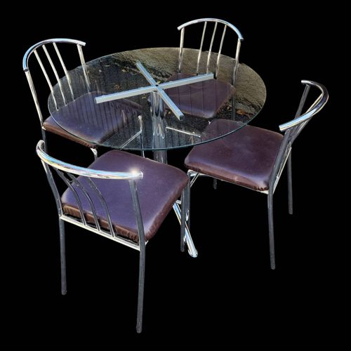 Ensemble Table Ronde Et 4 Chaises Des Annes 1980 Vintage Argent