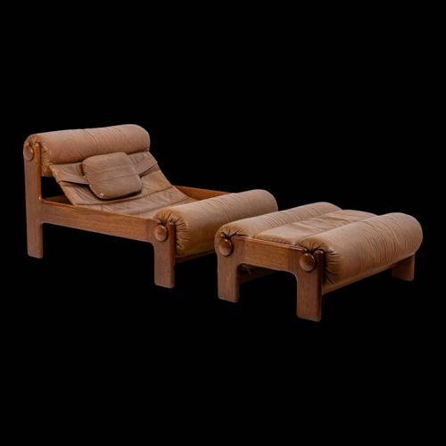 Fauteuil Lounge Et Son Ottoman En Orme Blond Et Cuir Annes 1970 Marron