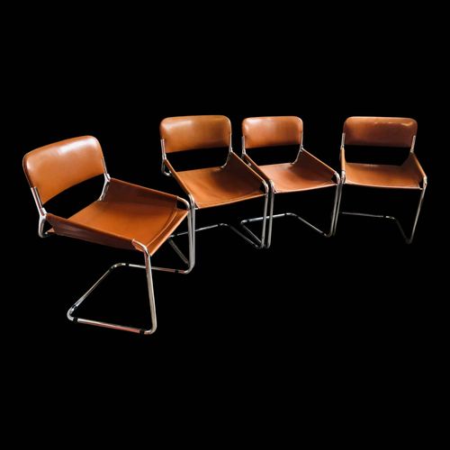 4 Chaises Italiennes 70s Vintage Cuir Cognac Et Inox Marron