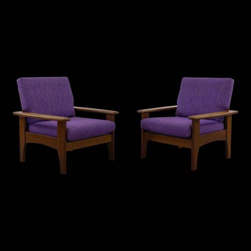2 Fauteuils Scandinaves En Teck Et Tissu Violet Violet