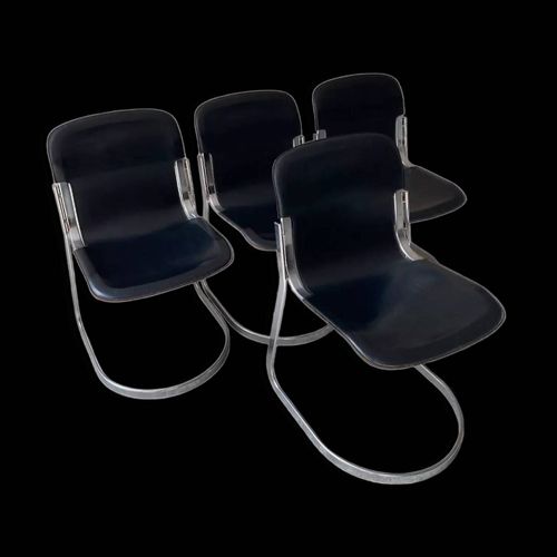 4 Chaises En Cuir Et Mtal Chrom Attribues Willy Rizzo Annes 1970 Noir