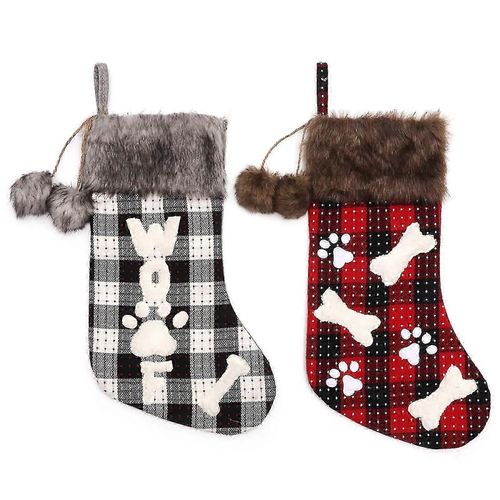 1 Paire De Chaussettes De Noël Pour Chien Avec Motif À Carreaux De Buffle Et Pattes De Cheminée