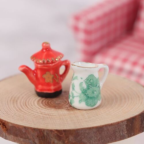 Ensemble De Théière Et D'Horloge En Porcelaine À Motif Floral Miniature, Meubles De Cuisine, 3 Pièces/Ensemble