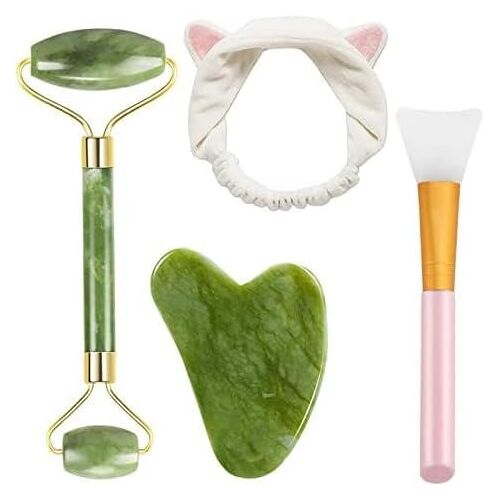Kal-Gua Sha Lot De 4 Rouleaux De Massage Pour Le Visage Et Le Cou En Jade Naturel Avec Brosse À Cheveux Pour Femmes, Filles, Yeux, Visage, Cou, Anti-Âge Et Sans Plis
