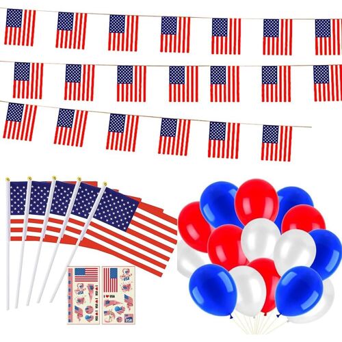 Mevronisshop-Drapeau Américain - 10 Mini Drapeau Usa Avec Baton 10m Banniere Etats Unis Bunting 30 Balloons 2 Autocollants Sur Le 4 Juillet Décoration Patriotique Anniversaire Fête De L'indépendance