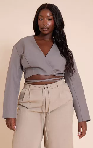 Plus Blazer Cache-Coeur Gri Charbon Noué Sur La Taille, Gris Charbon