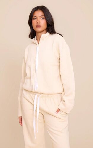 Sweat Gris Pierre À Col Cheminée Et Cordons Contrastants, Gris Pierre