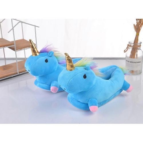 Chaussons Licorne, Chaussons D'hiver En Peluche, Chauds, Antidérapants, Antichocs, Doux Et Moelleux, En Coton, Pour Femmes Et Adultes, Pointure 3/4, Bleu Britannique