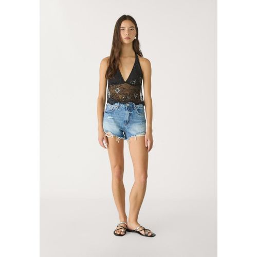 Stradivarius Top Encolure Américaine Brodé Brillants Noir S