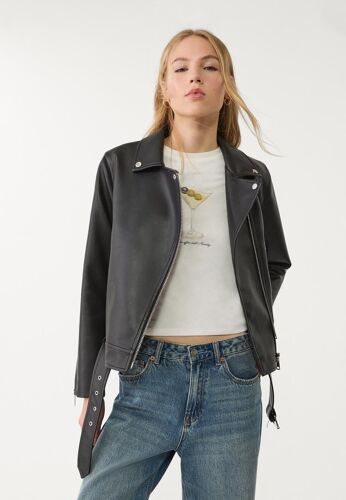 Stradivarius Blouson Style Motard En Similicuir Noir L