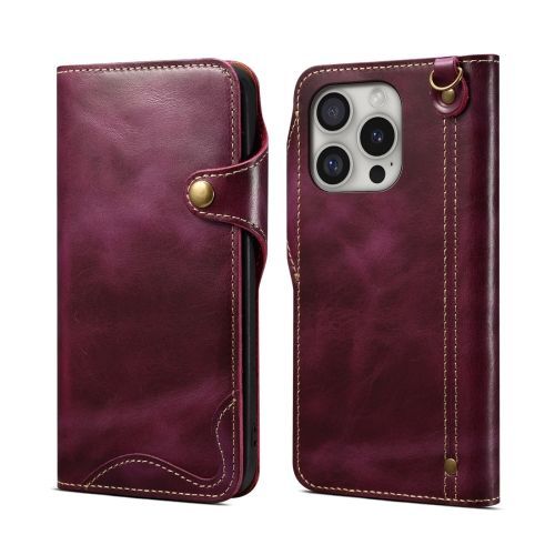Étui En Cuir Véritable Violet Pour Iphone 16 Pro Max - Denior B01 Avec Bouton Magnétique Et Huile Cire Vachette