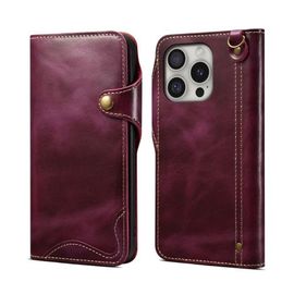 Étui en Cuir Véritable Violet pour iPhone 16 Pro Max - Denior B01 avec Bouton Magnétique et Huile Cire Vachette