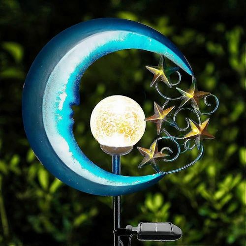 Lampes Solaires D'extérieur En Forme D'étoiles Et De Lune - Lampes De Jardin À Énergie Solaire Décoratives En Verre Craquelé, Éclairage Paysager Étanche À Led Pour Allée, Cour, Pelouse, Etc.