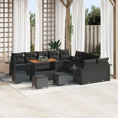 Ensemble De Canapé De Jardin 14 Pièces Avec Coussins Noir Rotin Synthétique Acacia, Ensemble De Salle À Manger De Jardin 4 Pièces Avec Coussins Noir Rotin Synthétique Acacia